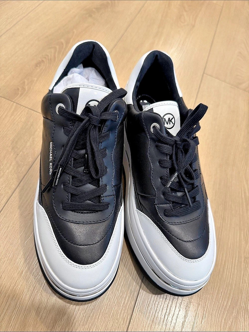 Michael Kors Allie Stride Leather Trainer Black & White Platform Sneakers - Picture 2 of 5